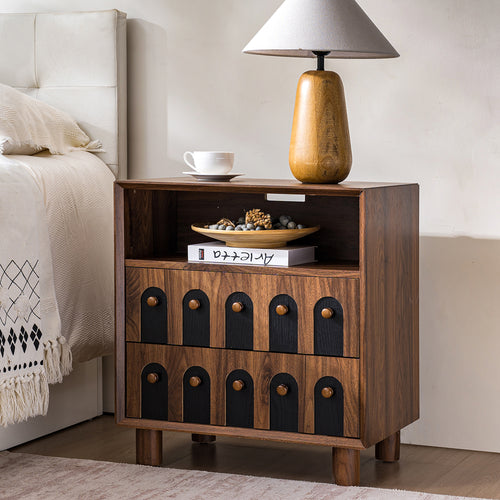 Modern Nightstand with Charging Station, 2 Drawers, Curve Mirror Design, 26 in