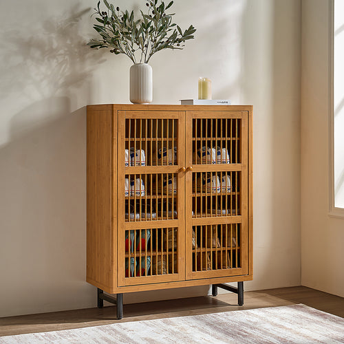 6-Tier Walnut Shoe Cabinet with Shutter Doors & Adjustable Shelves