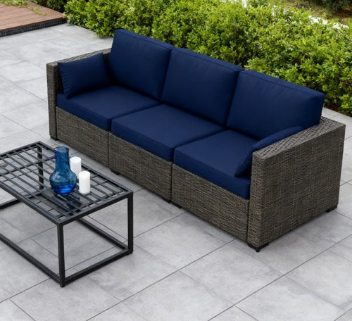 Outdoor Sofa Set PE Rattan Navy Blue 3 Seat Steel Frame 792 lb Capacity