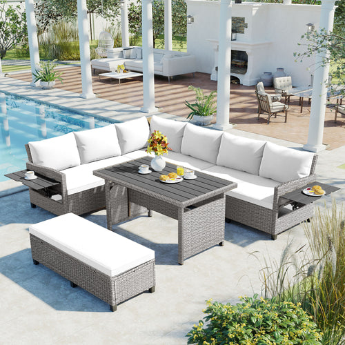 Outdoor Sectional Set PE Rattan Steel White 5 Piece Seats 7 Extendable