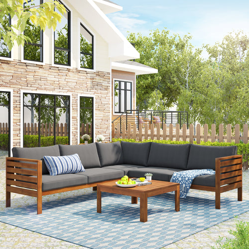 Outdoor Sofa Set Acacia Wood Gray Sectional Japanese Style Water-Resistant