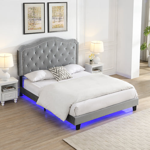 Queen Upholstered Bed Button Tufted LED Platform Grey Velvet