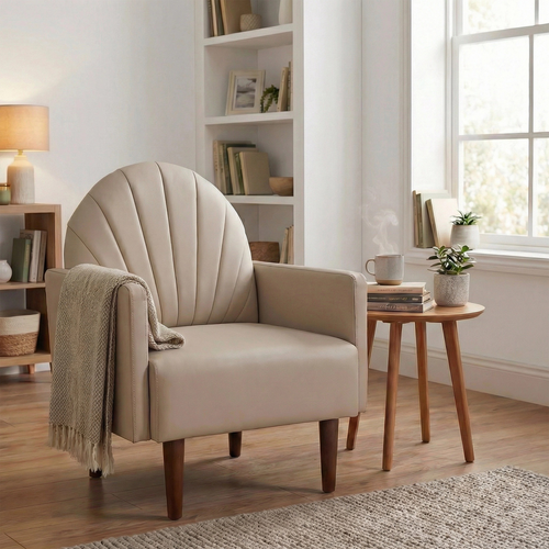 Accent Chair Shell-Shape PU Leather Khaki Solid Wood Legs Easy Assembly