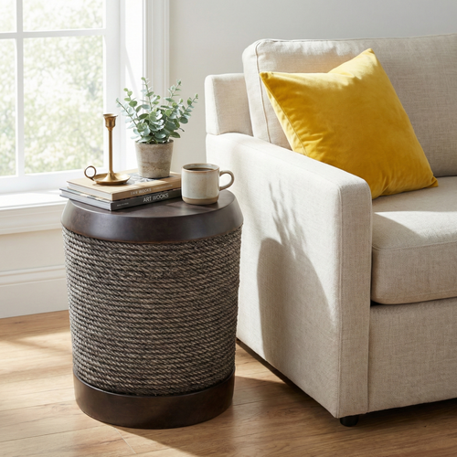 Outdoor Side Table MGO Braided Cord Cylinder Dark Brown 15.75x18in