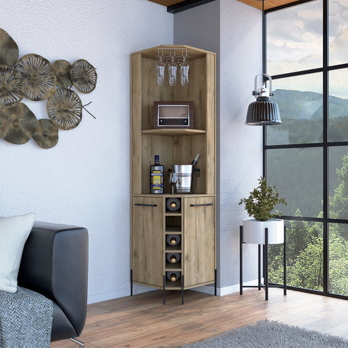 Hans Corner Bar Cabinet Two Shelves Wine Rack Macadamia