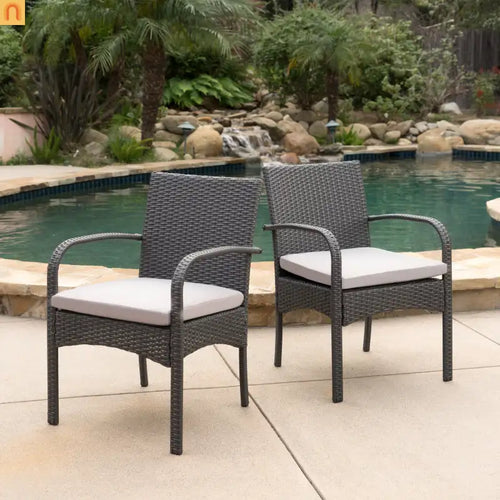 Outdoor Dining Chair PE Rattan Iron Gray Cushioned Set of 2