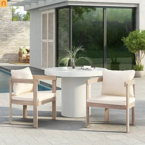 Outdoor Dining Chair Acacia Wood Barrel Cream Cushion Set of 2