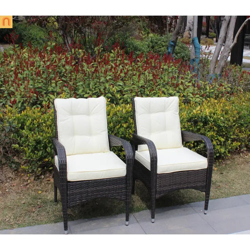 Outdoor Dining Chair PE Rattan Brown Beige Cushion 300 lb Set of 2