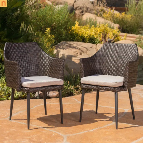 Outdoor Dining Chair PE Wicker Iron Brown Cushion Set of 2