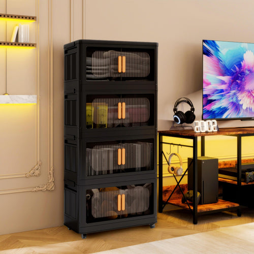 Black 4-Tier Folding Storage Cabinet with Wheels 40.55"H