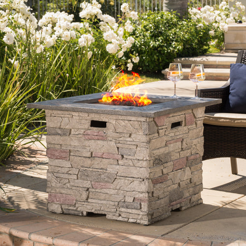 Classic Stone Design 32 Inch Square MGO Fire Pit 40000 BTU, Stone Gray