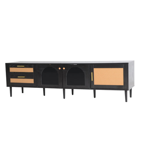 Black Rattan TV Stand 3 Cabinet 2 Drawer Media Console 80