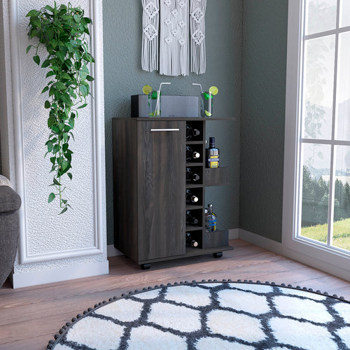 Espresso Bar Cart with Wine Rack, Door Cabinet, and Casters