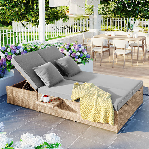 Outdoor Double Sunbed, Wicker Rattan Patio Reclining Chairs with Adjustable
