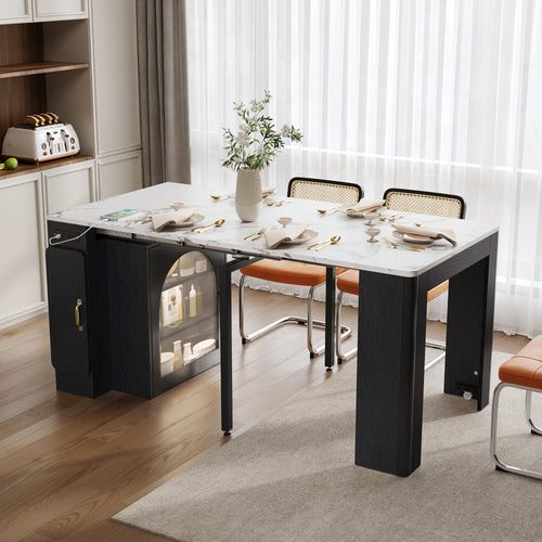 TREXM Extendable Dining Table with Storage Island, Black/Marble