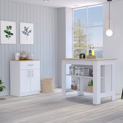 2 Piece White Light Oak Kitchen Island Pantry Cabinet Set