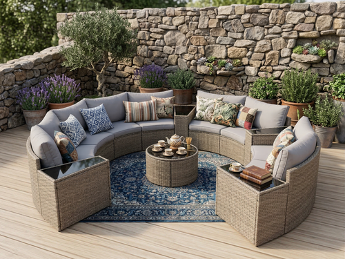 Outdoor Sectional Set PE Rattan Steel Light Gray Half Moon 13 Piece 380 LB
