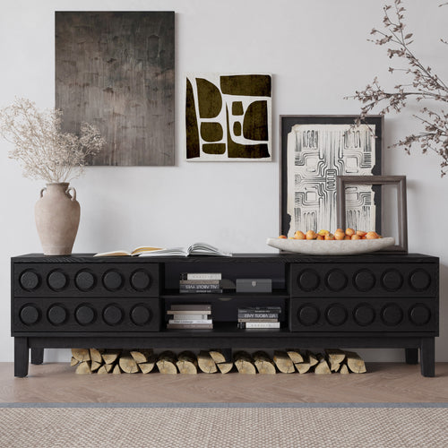 TV Stand Mid-Century Modern Solid Wood Gray Black 4-Drawer Fits 70 In TV