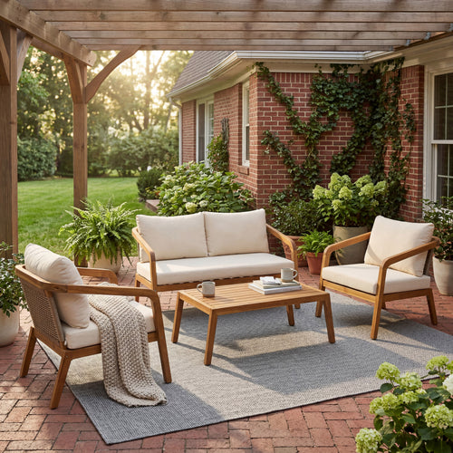 4-Piece Acacia Wood Patio Conversation Set PE Wicker Cushions