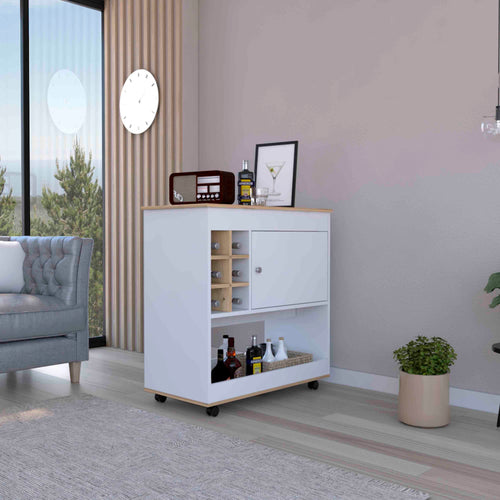 Bar Cart Light Oak White Six Bottle Cubbies Cabinet