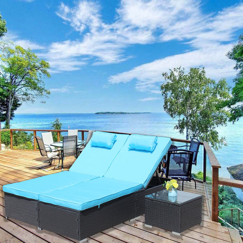 3-Piece Rattan Patio Set with Chaise Lounge Glass Table