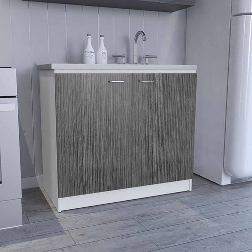 Utility Sink Cabinet with Shelf Double Door White Smokey Oak