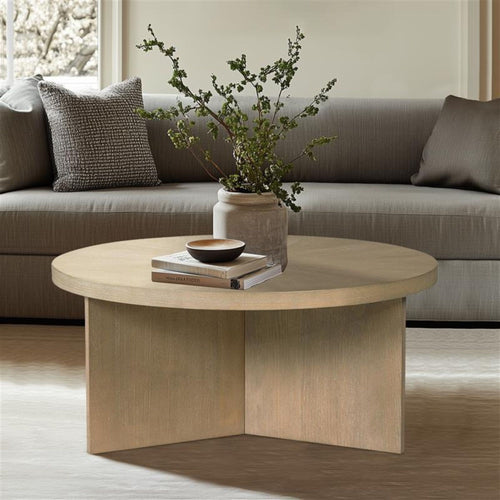 Sadie 36 Inch Round Coffee Table Greige MDF Wood Veneer