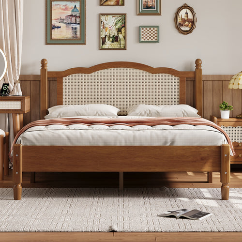 Queen Size Walnut Wooden Platform Bed with Rattan Headboard