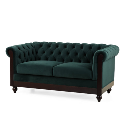 Chesterfield Velvet Loveseat Sofa 2-Person Rolled Arm Forest Green