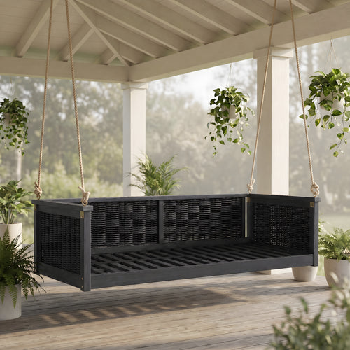 Outdoor Solid Wood Twin Swing Bed with Rattan Frame