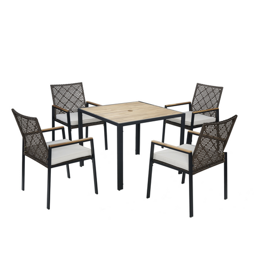 5-Piece Patio Dining Set Acacia Wood Rattan Coffee Brown