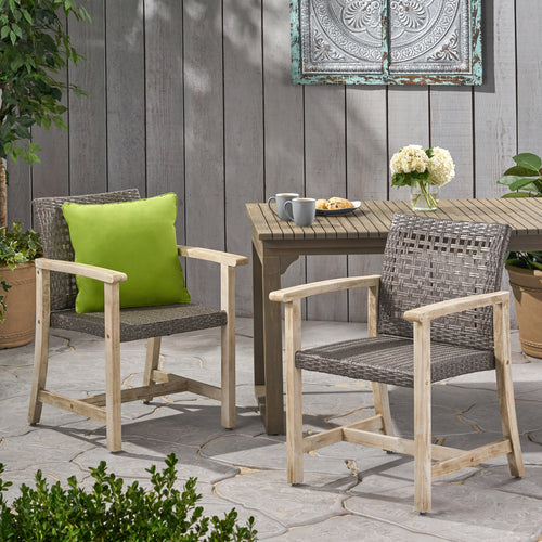 Outdoor Dining Chair Set of 2 Acacia Wood Rattan Wicker