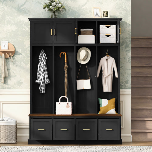 Farmhouse Hall Tree with Coat Hooks Cabinets Drawers