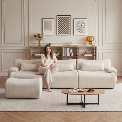 Sofa Curved White 3 Seat Anti-Slip 118 In No Assembly High-Density Foam