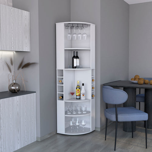 71" Corner Bar Cabinet with Five Shelves, Eight Bottle Cubbies and Stemware