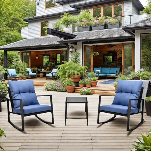 Outdoor Bistro Set Wicker Iron Blue 3 Piece Rocking Chairs Cushions Seats 2