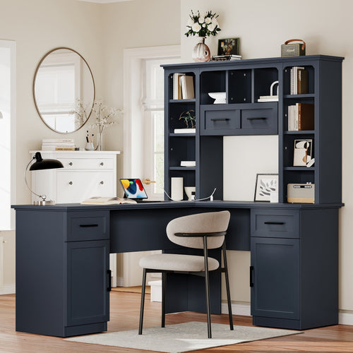 L-Shaped Computer Desk with 2 Cabinets and 2 Drawers, 11 Open Shelves and 1 R...