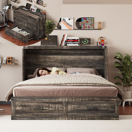 Queen Murphy Bed with Charging Station,Farmhouse Murphy Cabinet Bed with Large Storage Drawer,Hideaway Foldable Platform Bed for Guest Bedroom, Living Room, Office,Small Room,Pull out Bed,Rustic Grey