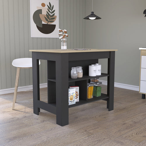 Cala Kitchen Island Four Legs Three Shelves Black Light Oak