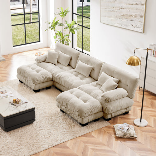 Sectional Sofa U-Shape Chenille Light Coffee 3 Seat 2 Ottomans