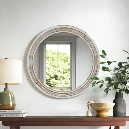 Vintage Round Wall Mirror 23.62" Distressed White Ornate Beaded