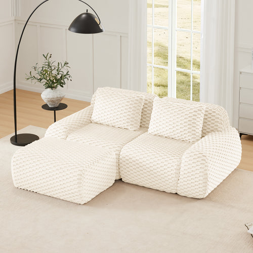 Sectional loveseat L-Shape Flannelette Cream 2 Seat with Ottoman 82 In