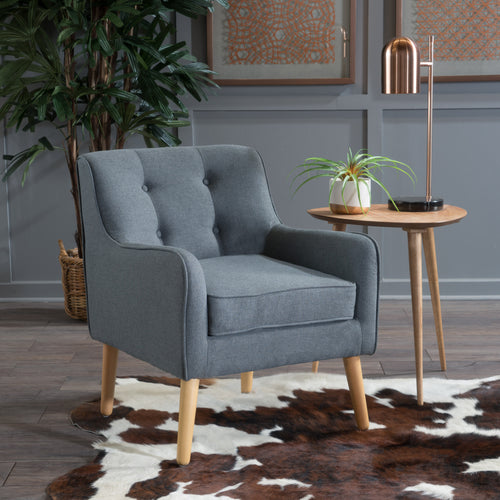 Accent Chair Mid-Century Charcoal Fabric Tufted Back Wood Legs 25x30x31 In