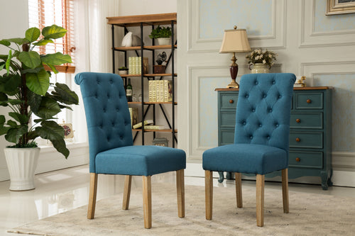 Blue Tufted Parsons Dining Chair, Set of 2, Solid Wood