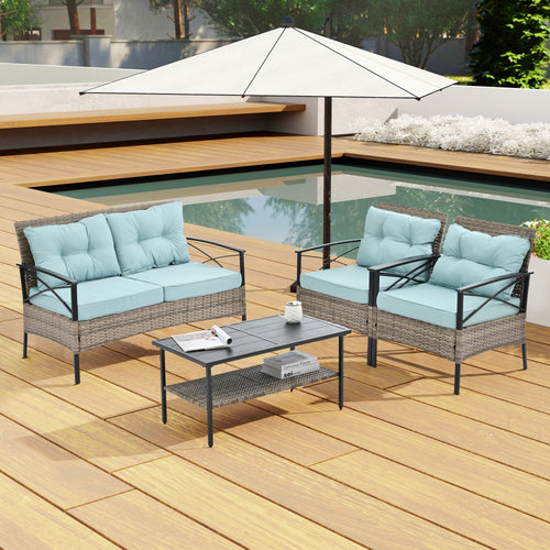 Outdoor Patio Set PE Rattan Brown 4 Piece Cushioned