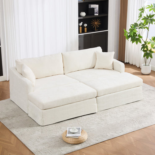Extra-Large Double-Seater Sofa with 2 Ottomans, Chenille, Beige