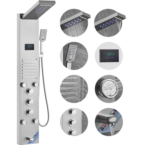 Stainless Steel Shower Panel Tower 6 Modes LED Screen Rainfall