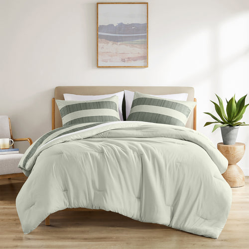 Comforter Set 3-Piece - Striped Textured Print, Sage, King/Cal King