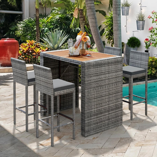 5-Piece Outdoor Wicker Bar Set, Acacia Wood Table, Gray Wicker