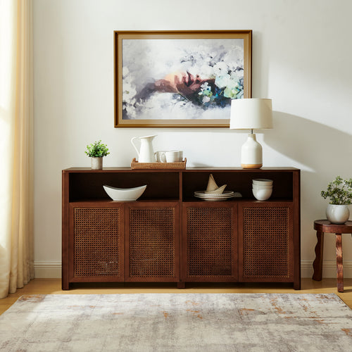 63" Mid Century Modern Rattan Sideboard Buffet Cabinet